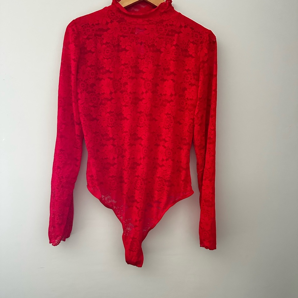 PINK Victoria's Secret Red Lace Long-Sleeve Bodysuit